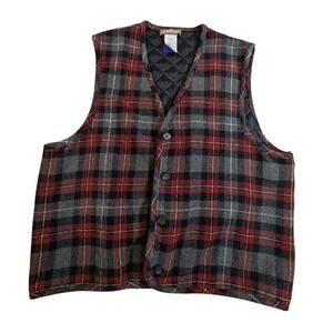 Landrover Plaid Wool Blend Quilted Lined Button Vest – Red Gray Unisex L